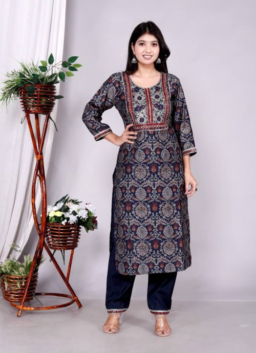 Designer Vartican Fabric Kurti Pant Set with Embroidered Chiffon Dupatta (Pack Of 4)