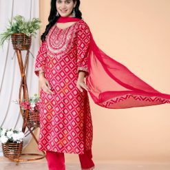 Elegant Vartican Kurti Pant Set with Chiffon Dupatta & Embroidery Work