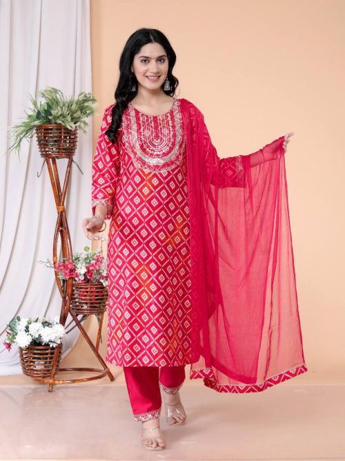 Elegant Vartican Kurti Pant Set with Chiffon Dupatta & Embroidery Work