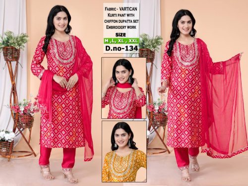 Elegant Vartican Kurti Pant Set with Chiffon Dupatta & Embroidery Work