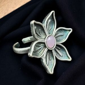 An elegant adjustable brass flower ring featuring a delicate flower motif with a sparkling stone detail, perfect for any occasion