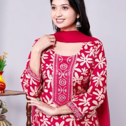 Designer Vartican Kurti Pant with Embroidery and Flowy Chiffon Dupatta Pack of 4