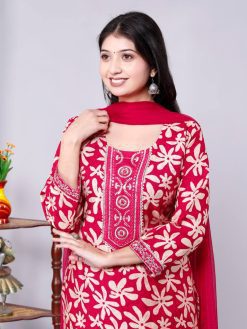 Designer Vartican Kurti Pant with Embroidery and Flowy Chiffon Dupatta Pack of 4