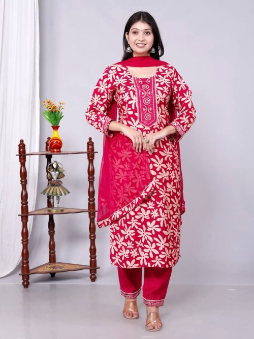 Designer Vartican Kurti Pant with Embroidery and Flowy Chiffon Dupatta Pack of 4