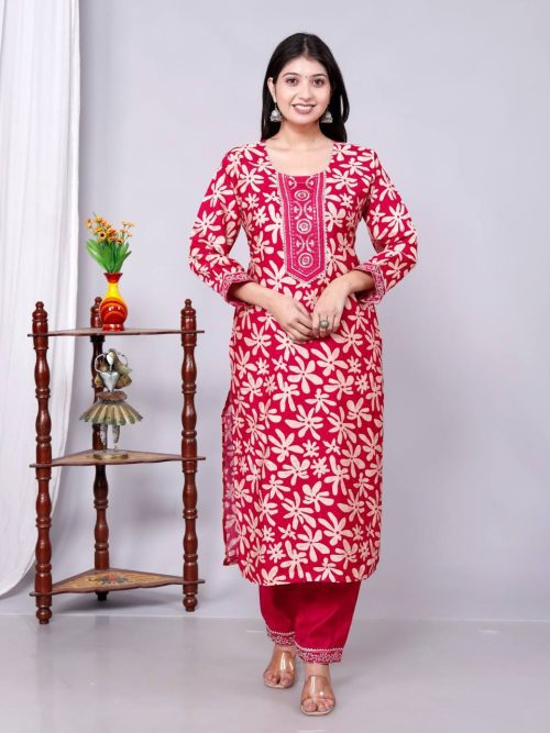 Designer Vartican Kurti Pant with Embroidery and Flowy Chiffon Dupatta Pack of 4