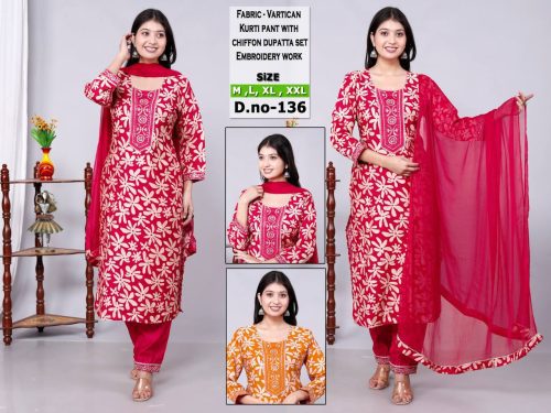 Designer Vartican Kurti Pant with Embroidery and Flowy Chiffon Dupatta Pack of 4