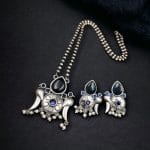 Perfect Brass Necklace with Monalisa Stone and Bird Design, Ethnic Set with Matching Earrings - "Blue"