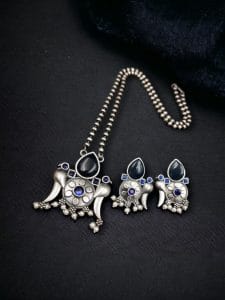 Perfect Brass Necklace with Monalisa Stone and Bird Design, Ethnic Set with Matching Earrings - color: "Blue"