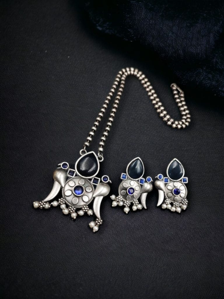 Bulk 508 Perfect Brass Necklace with Monalisa Stone and Bird Design, Ethnic Set with Matching Earrings - "Blue"