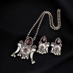 Perfect Brass Necklace with Monalisa Stone and Bird Design, Ethnic Set with Matching Earrings - "Red"
