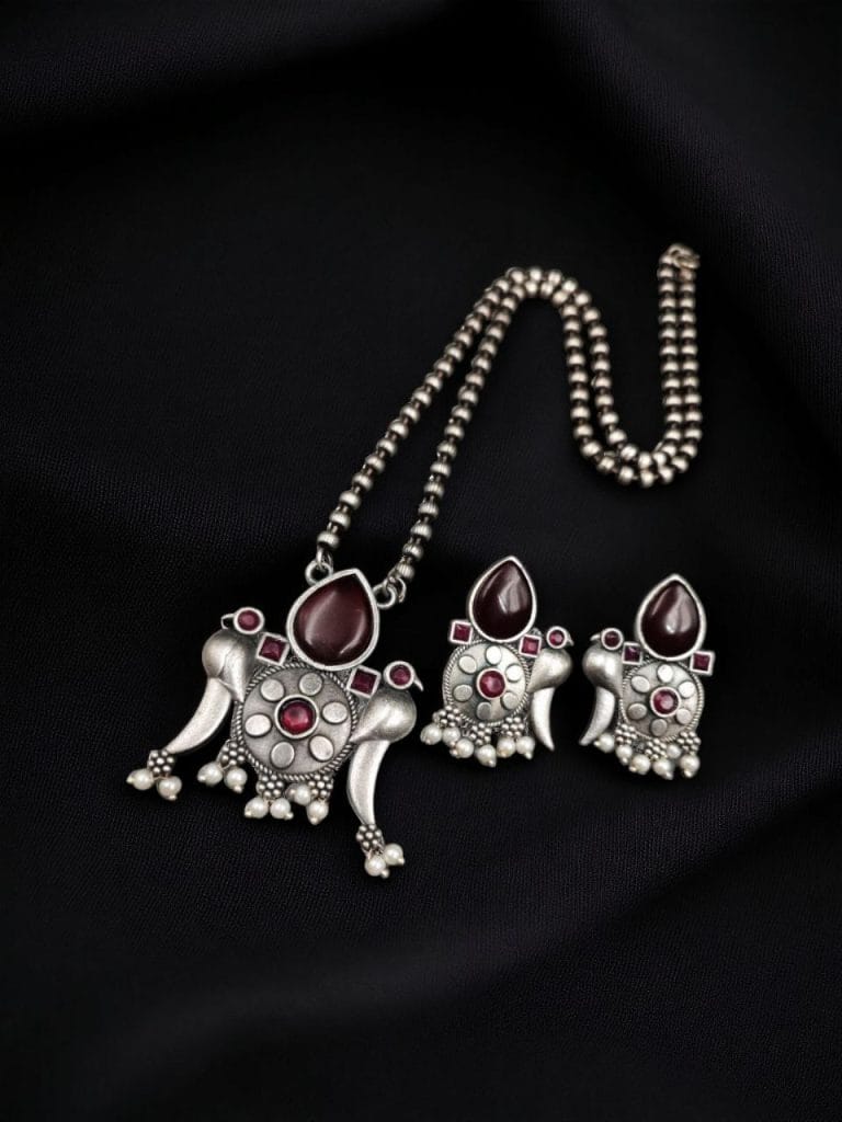 Bulk 500 Perfect Brass Necklace with Monalisa Stone and Bird Design, Ethnic Set with Matching Earrings - "Red"