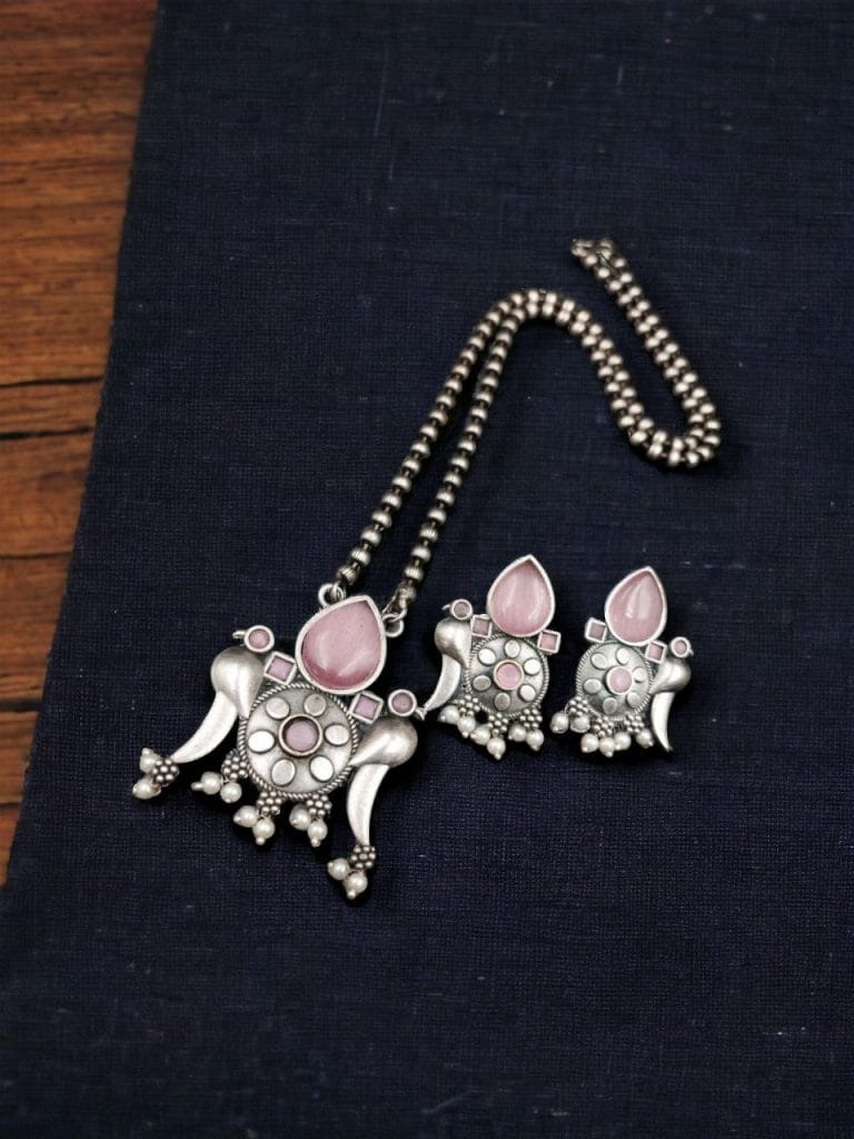 Bulk 502 Perfect Brass Necklace with Monalisa Stone and Bird Design, Ethnic Set with Matching Earrings - "Babypink"
