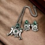 Perfect Brass Necklace with Monalisa Stone and Bird Design, Ethnic Set with Matching Earrings - "Green"