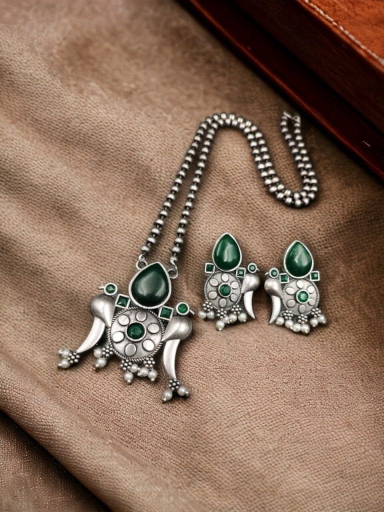 Bulk 510 Perfect Brass Necklace with Monalisa Stone and Bird Design, Ethnic Set with Matching Earrings - "Green"