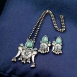 Perfect Brass Necklace with Monalisa Stone and Bird Design, Ethnic Set with Matching Earrings - "Mint"