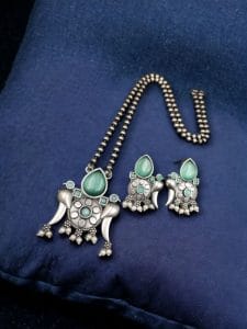 Perfect Brass Necklace with Monalisa Stone and Bird Design, Ethnic Set with Matching Earrings - color: "Mint"