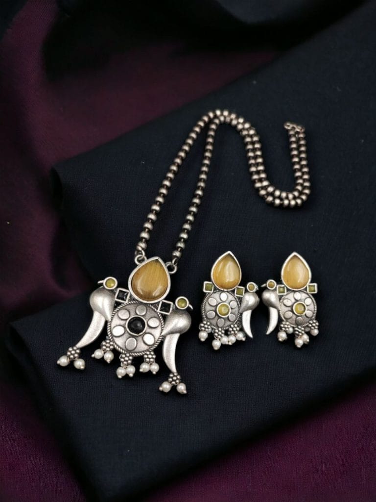 Bulk 498 Perfect Brass Necklace with Monalisa Stone and Bird Design, Ethnic Set with Matching Earrings - "Yellow"