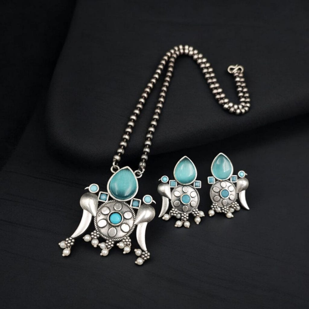 Bulk 504 Perfect Brass Necklace with Monalisa Stone and Bird Design, Ethnic Set with Matching Earrings - "Aqua"