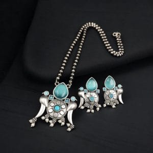 Perfect Brass Necklace with Monalisa Stone and Bird Design, Ethnic Set with Matching Earrings - color: "Aqua"