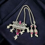 Ethnic Brass Necklace with Monalisa Stone and Bird Motif, Complete with Matching Earrings - "Red"