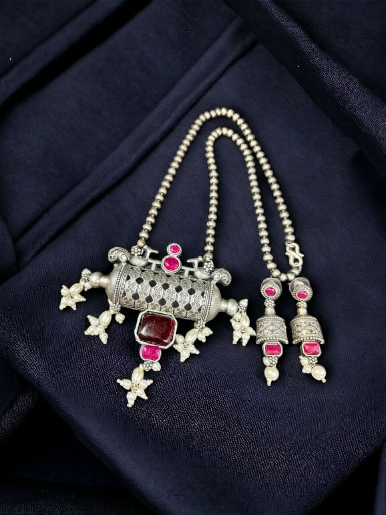 Bulk 1308 Ethnic Brass Necklace with Monalisa Stone and Bird Motif, Complete with Matching Earrings - "Red"