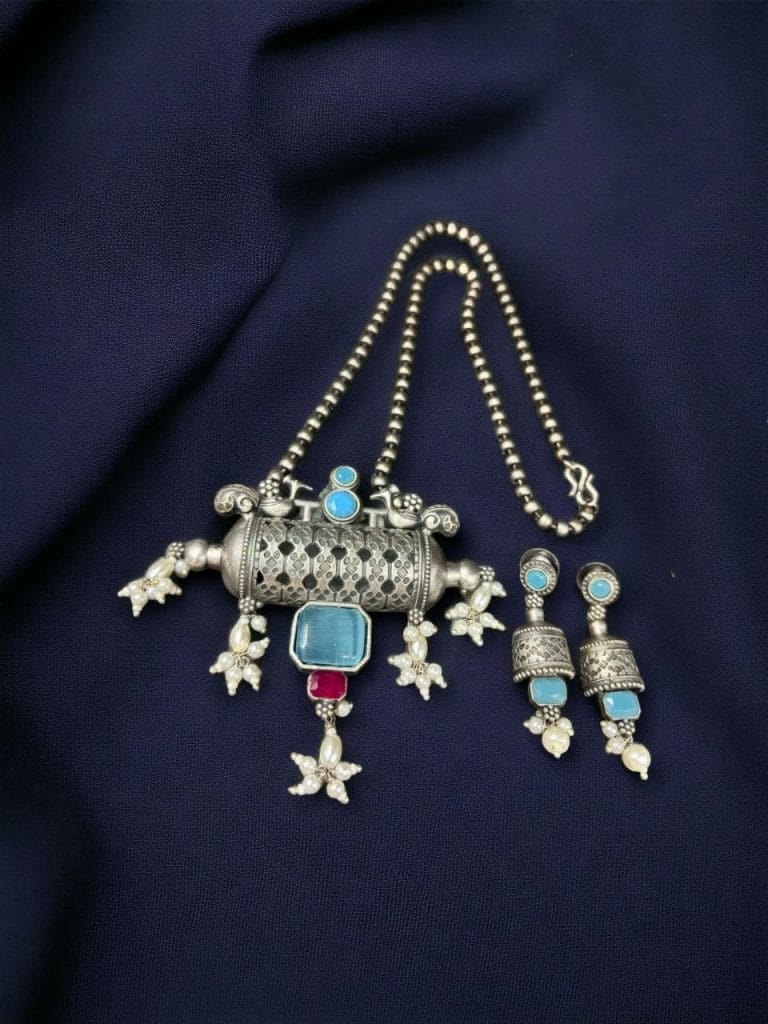 Bulk 1300 Ethnic Brass Necklace with Monalisa Stone and Bird Motif, Complete with Matching Earrings - "Aqua"