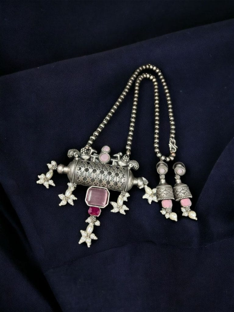 Bulk 1306 Ethnic Brass Necklace with Monalisa Stone and Bird Motif, Complete with Matching Earrings - "Babypink"
