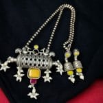 Ethnic Brass Necklace with Monalisa Stone and Bird Motif, Complete with Matching Earrings - "Yellow"