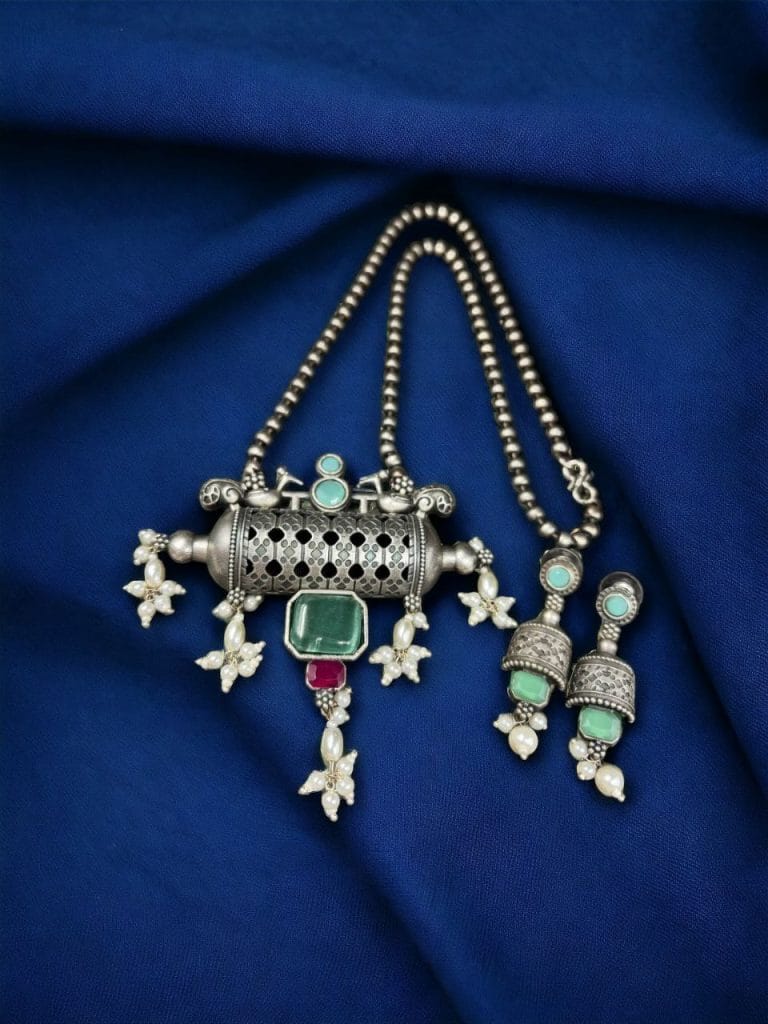 Bulk 1302 Ethnic Brass Necklace with Monalisa Stone and Bird Motif, Complete with Matching Earrings - "Mint"