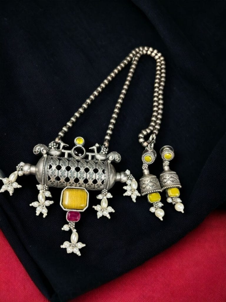 Bulk 1310 Ethnic Brass Necklace with Monalisa Stone and Bird Motif, Complete with Matching Earrings - "Yellow"