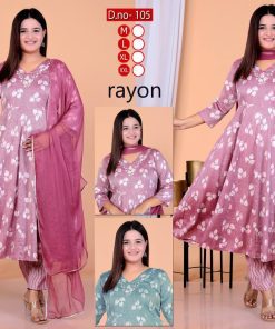 Elegant rayon fabric handwork kurti set with pant and dupatta, pack of 4 in vibrant designs and colors.