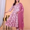 Elegant rayon fabric handwork kurti set with pant and dupatta, pack of 4 in vibrant designs and colors.