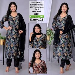 Beautiful modal fabric handwork kurti set with pant and chiffon dupatta, pack of 4 in elegant designs and vibrant colors.