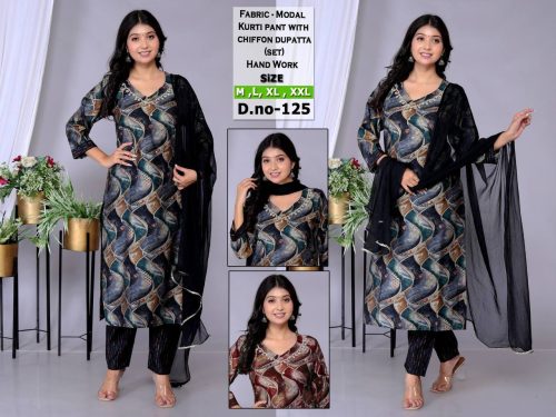 Beautiful modal fabric handwork kurti set with pant and chiffon dupatta, pack of 4 in elegant designs and vibrant colors.