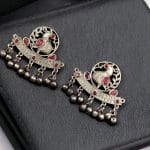 Perfect Ethnic Brass Stone Stud Earrings with Peacock Design and Ghungroo Charms - "Pink"