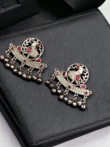 Perfect Ethnic Brass Stone Stud Earrings with Peacock Design and Ghungroo Charms - color: "Pink"