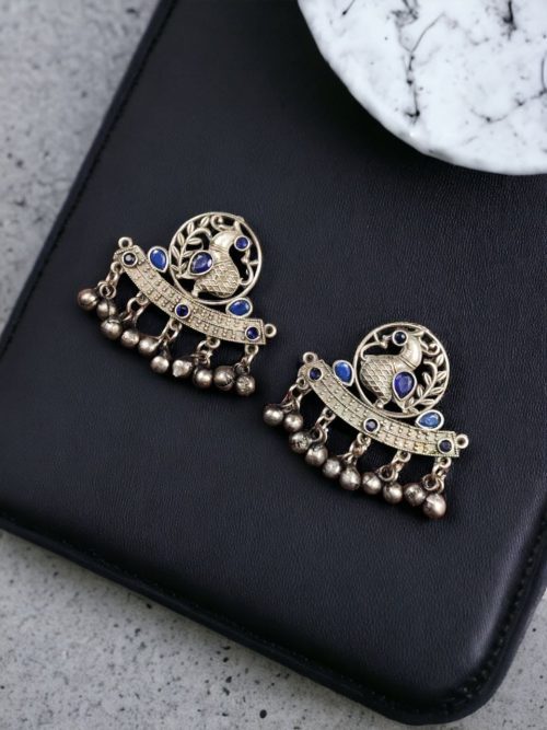 Perfect Ethnic Brass Stone Stud Earrings featuring an intricate peacock design, adorned with sparkling stones and delicate ghungroo charms, ideal for traditional wear