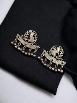 Perfect Ethnic Brass Stone Stud Earrings featuring an intricate peacock design, adorned with sparkling stones and delicate ghungroo charms, ideal for traditional wear
