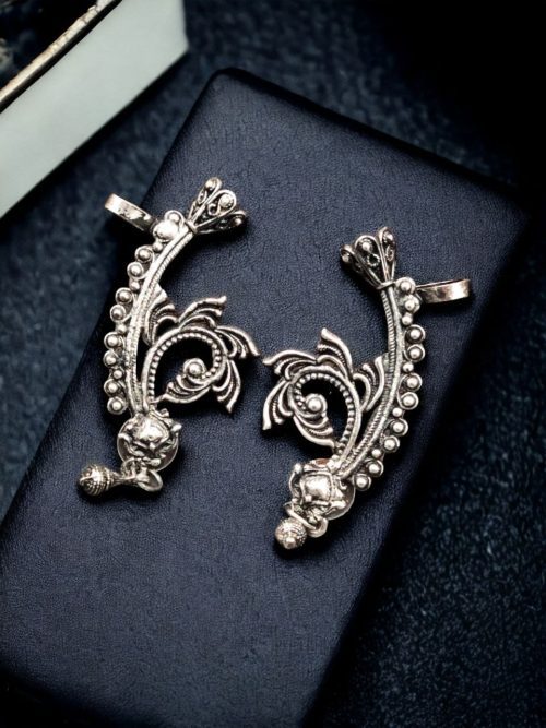 Antique-style German silver earcuff earrings with intricate detailing, showcasing a vintage design, perfect for festive, wedding, and casual outfits
