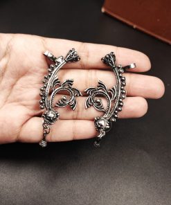 Antique-style German silver earcuff earrings with intricate detailing, showcasing a vintage design, perfect for festive, wedding, and casual outfits