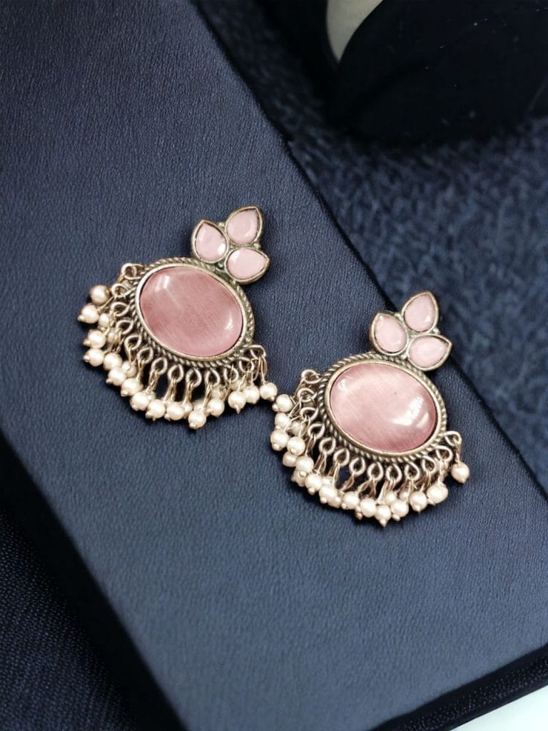 Bulk 1292 Elegant Brass Stud Earrings with Monalisa Stone – Perfect for Special Occasions - "Pink"