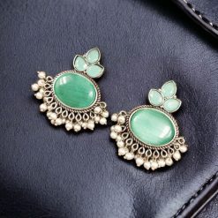 Elegant brass stud earrings with Monalisa stone, perfect for special occasions, featuring a sparkling design