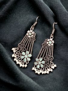 Perfect Ethnic German Silver Stone Hook Earrings for Special Occasions - color: "Mint"