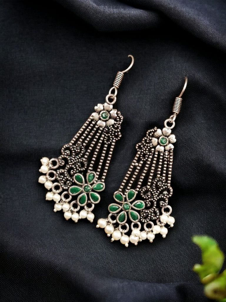 Bulk 1288 Perfect Ethnic German Silver Stone Hook Earrings for Special Occasions - "Green"