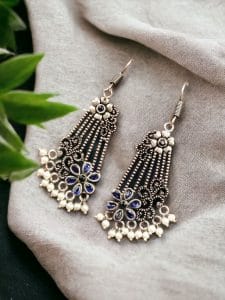 Perfect Ethnic German Silver Stone Hook Earrings for Special Occasions - color: "Blue"