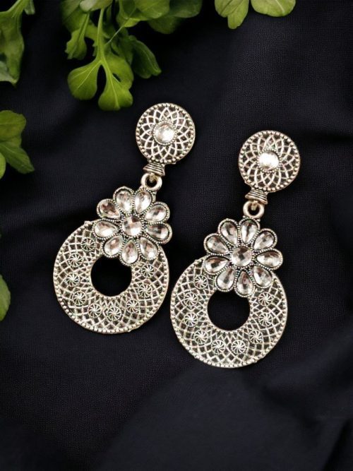 Stone Stud German Silver Earrings with elegant stone detailing, lightweight and versatile, perfect for casual, formal, or festive occasions