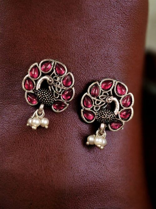 Handcrafted Oxidised Peacock Stud Earrings: Elegant German Silver Jewelry for Girls