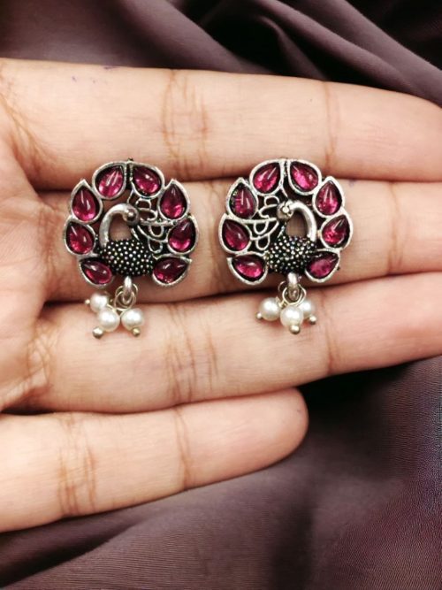 Handcrafted Oxidised Peacock Stud Earrings: Elegant German Silver Jewelry for Girls