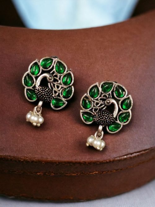 Handcrafted Oxidised Peacock Stud Earrings: Elegant German Silver Jewelry for Girls