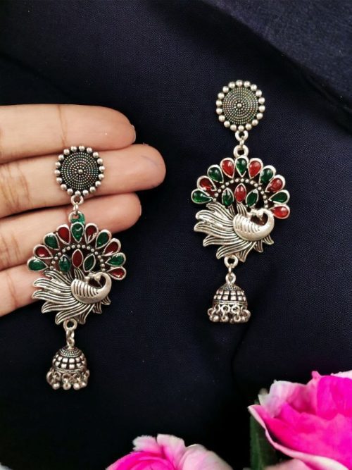 Traditional German Silver Meenawork Jhumki Earrings | Perfect for Every Occasion
